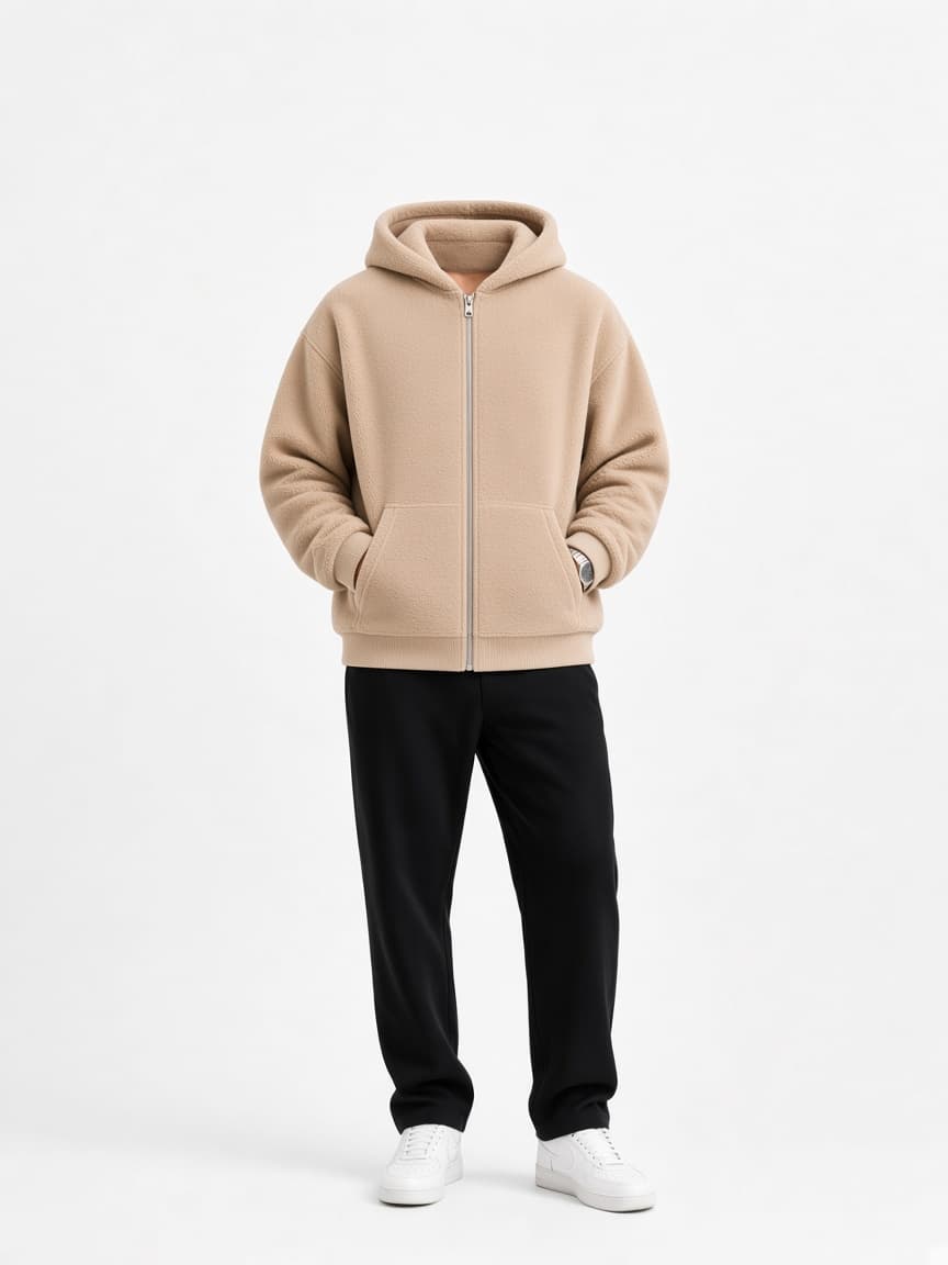 Cropped Zip Fleece Hoodie - Sand Beige
