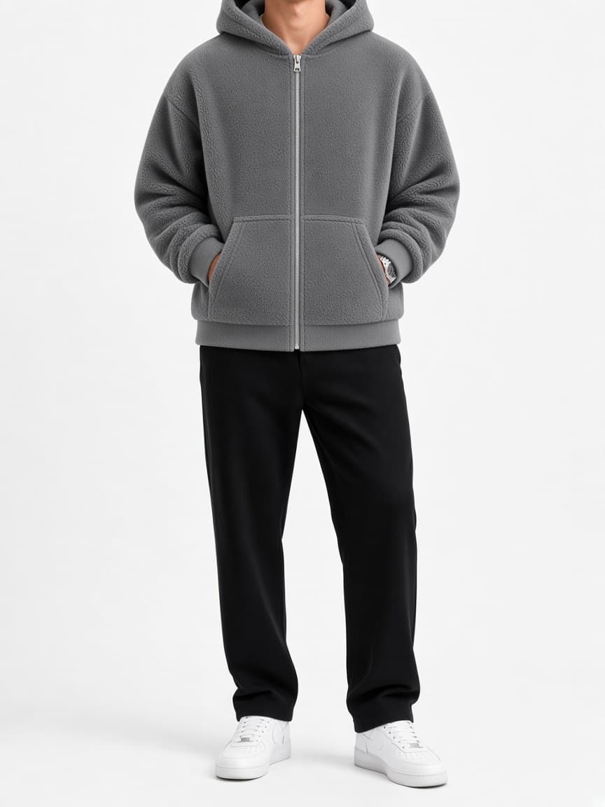 Cropped Zip Fleece Hoodie - Heather Grey