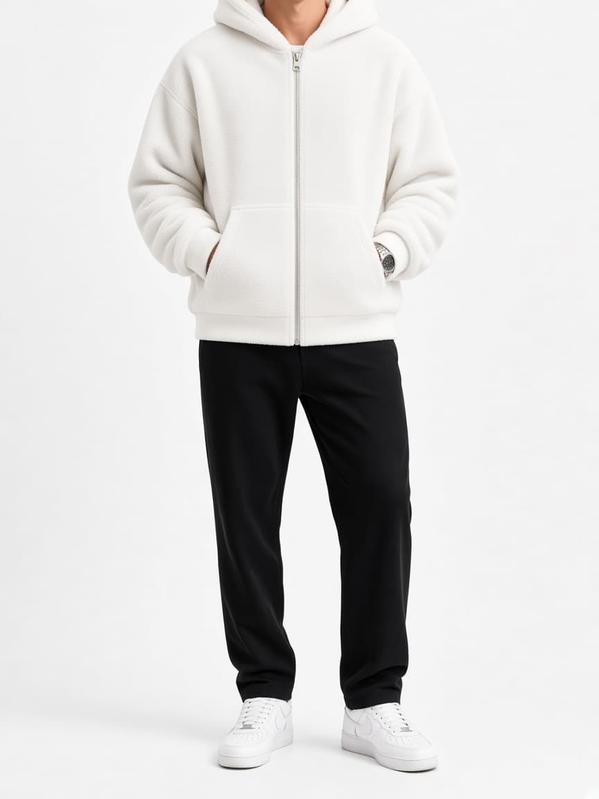Cropped Zip Fleece Hoodie - Optic White