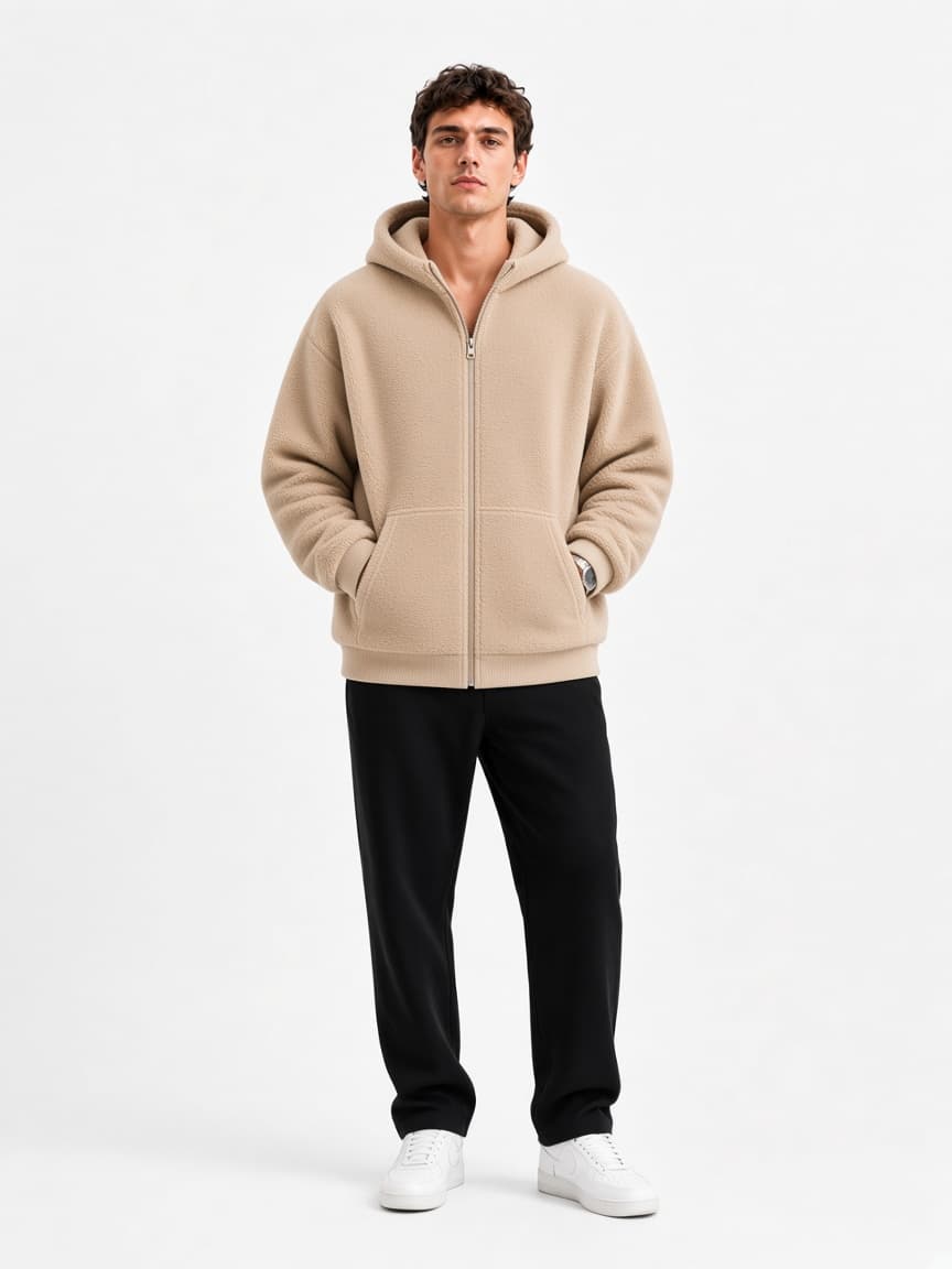 Classic Zip Fleece Hoodie - Sand Beige
