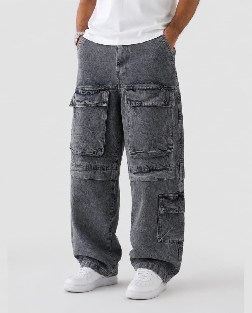 Acid Wash Cargo Jeans - Acid Charcoal