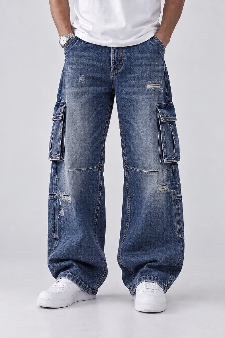 Distressed Blue Cargo Jeans - Distressed Blue