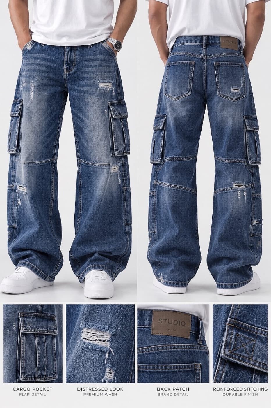 Distressed Blue Cargo Jeans - Distressed Blue - View 02