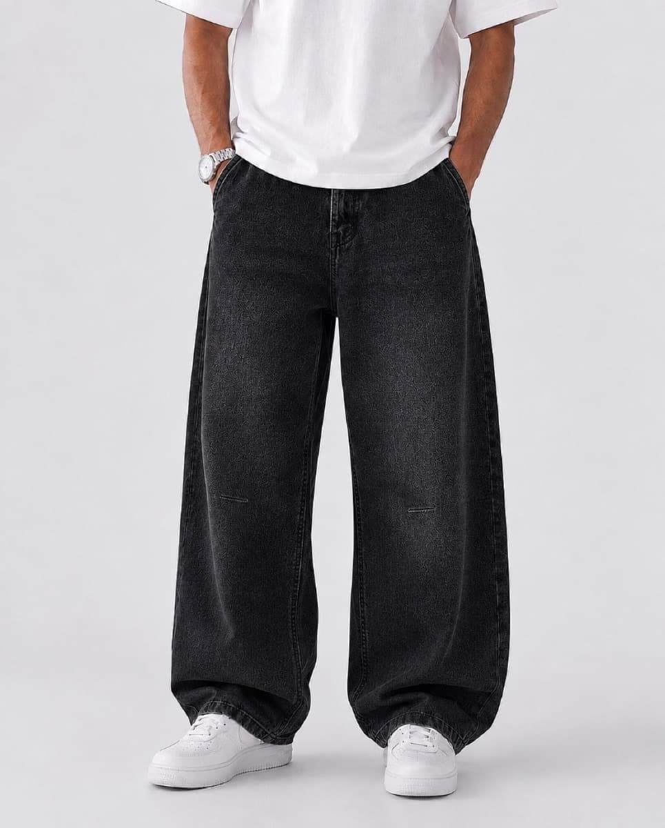 Laser Pattern Baggy Jeans - Vintage Black Pattern