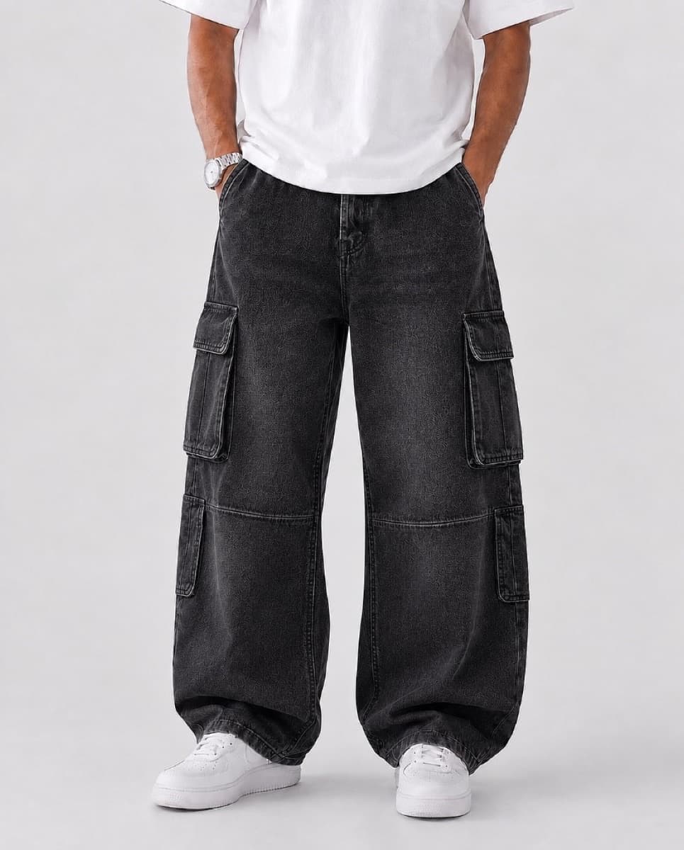 Laser Pattern Cargo Jeans - Vintage Black Pattern
