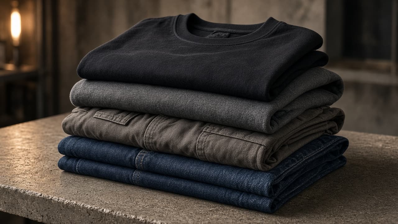 Stacked wholesale apparel blanks including tees, a hoodie, trousers, and denim