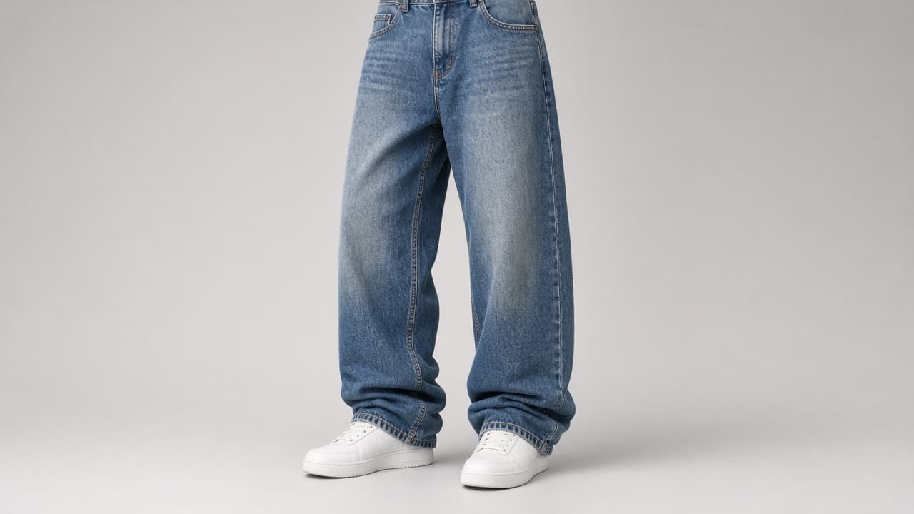 Baggy vintage-wash wide-leg denim jeans styled with white sneakers