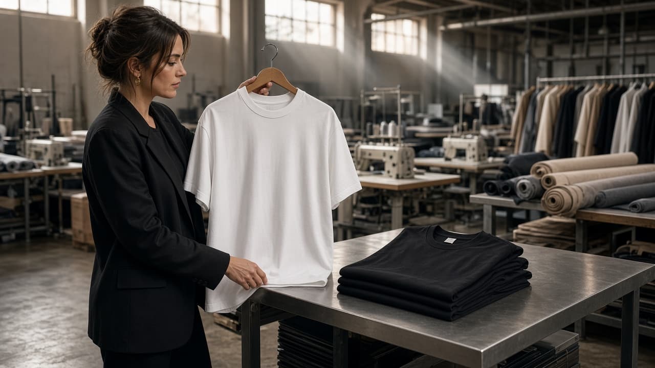 Wholesale buyer inspecting a heavyweight blank t-shirt on a factory table